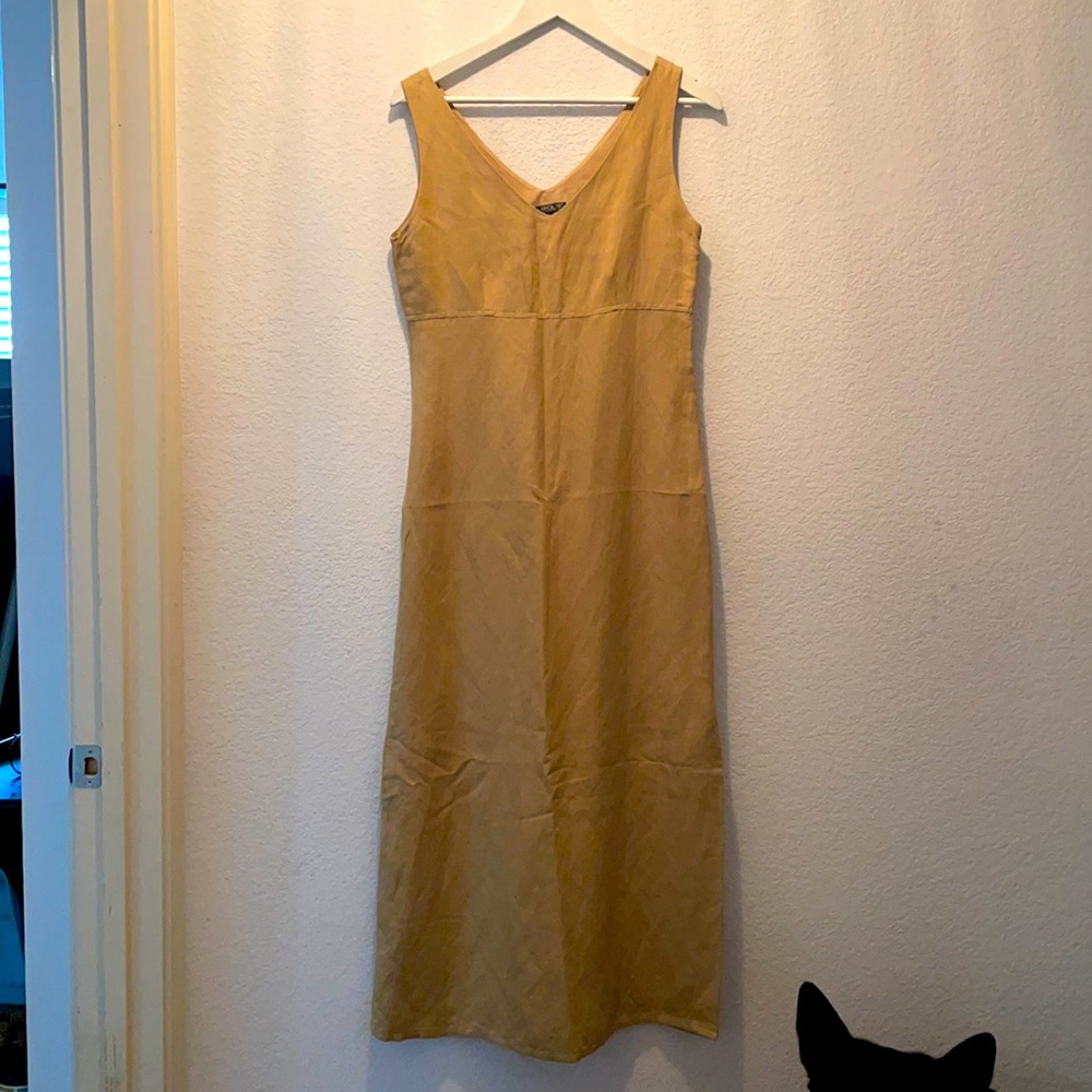 Harolds maxi tan dress. Slit on one side. Satin lining.